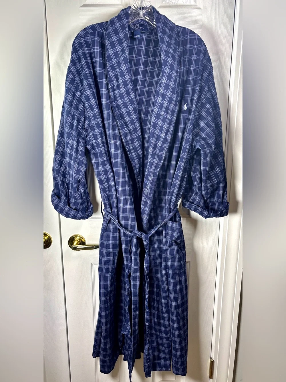 Polo Ralph Lauren Blue Plaid Cotton Robe Sleepwear w/ belt Large XL